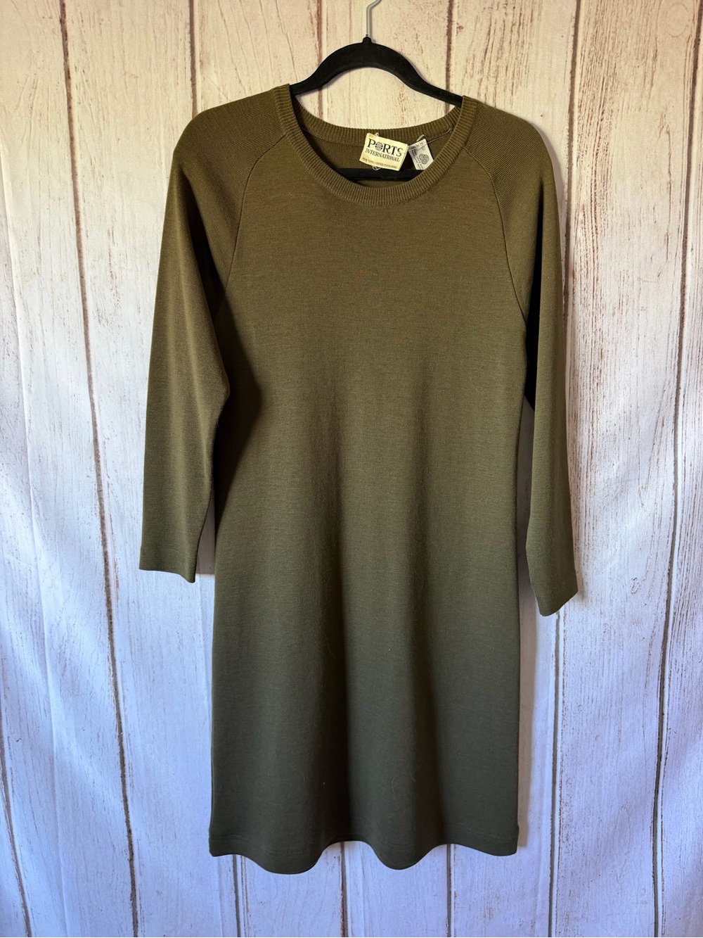 Vintage Ports International Olive Green Pure Virgin Wool Knit
Dress Size S
